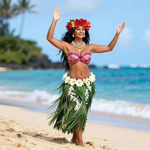Photograph of a smiling, tan-skinned woman with long black hair, wearing a red flower crown, pink beaded bikini top, white and green