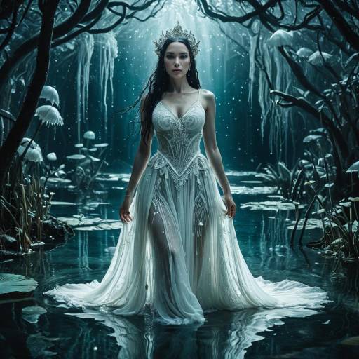 Mystical Woman in Wet White Dress in Lagoon