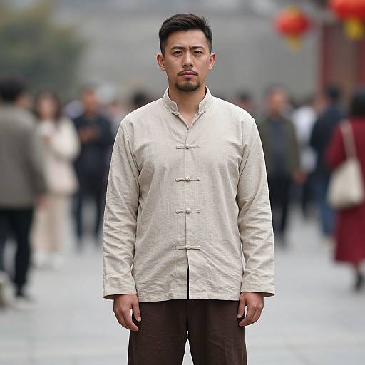 Photograph of an Asian man with short black hair and beard, wearing a white, long-sleeved, buttoned Chinese tunic and brown pants