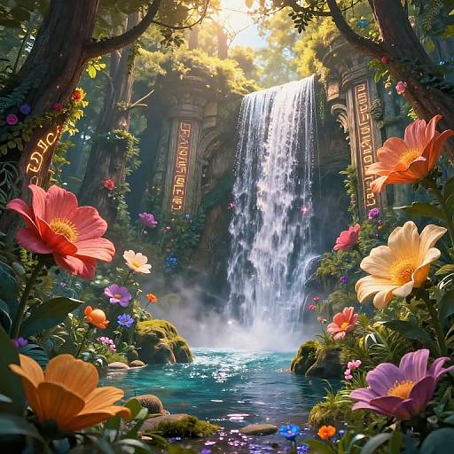 Digital art: Vibrant forest waterfall with sunlight filtering through trees, surrounded by colorful flowers, greenery, and ancient Greek-style inscribed columns.