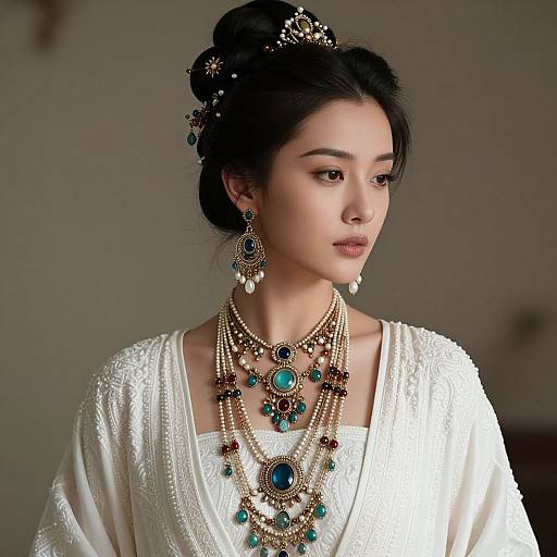 Photograph of an Asian woman with fair skin, black hair in an updo, wearing intricate gold and turquoise jewelry, white embroidered blouse, and looking