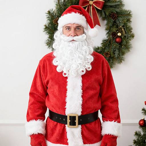 Photograph of a middle-aged man in a classic Santa Claus outfit with a large white beard, red velvet suit, black belt, and white fur trim