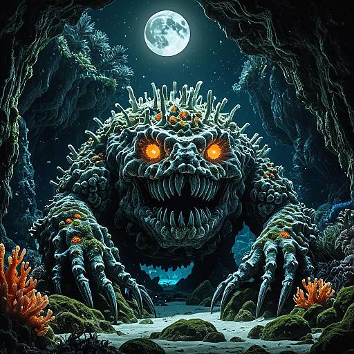 Giant Coral Golem Emerging from Underwater Cave