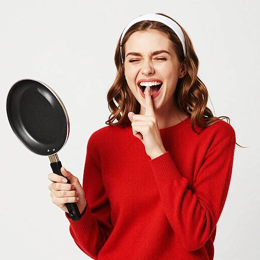 Photograph of a smiling young woman with wavy brown hair, wearing a red sweater and white headband, holding a black frying pan, with finger