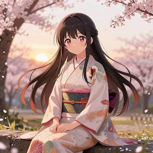 Anime-style digital drawing of a young woman with long black hair, wearing a white floral kimono, sitting under cherry blossom trees at sunset.