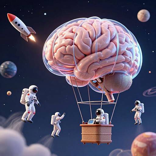 Digital illustration: Four astronauts in white spacesuits floating in space, carrying a large, glowing, transparent human brain-shaped balloon with a wicker basket beneath
