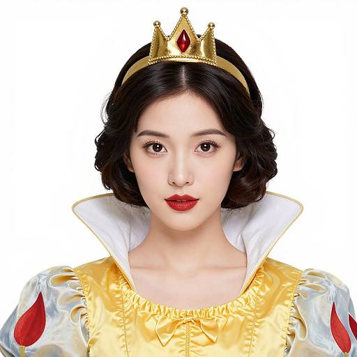Photograph of an Asian woman with fair skin, black wavy hair, red lipstick, wearing a golden crown, yellow dress with white collar, and
