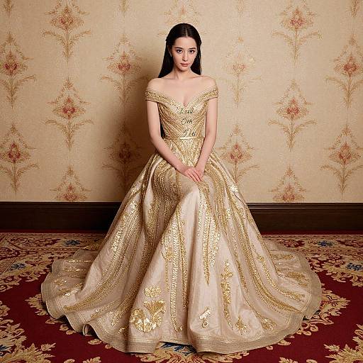 Photograph of an Asian woman in an off-shoulder, golden-embroidered ball gown, standing against a floral-patterned wallpaper, with
