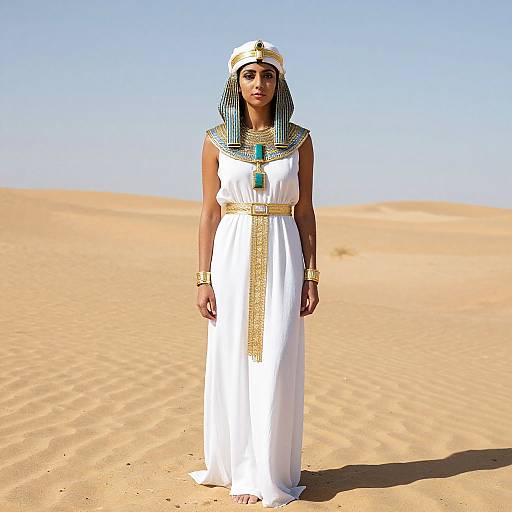 Photograph of a Black woman in ancient Egyptian attire, standing in a sunlit desert, wearing a white dress with gold accents, turquoise necklace, and