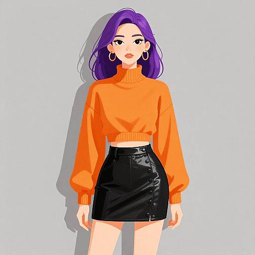 Digital anime-style drawing of a woman with purple hair, orange turtleneck, black leather skirt, large hoop earrings, and light blue background.