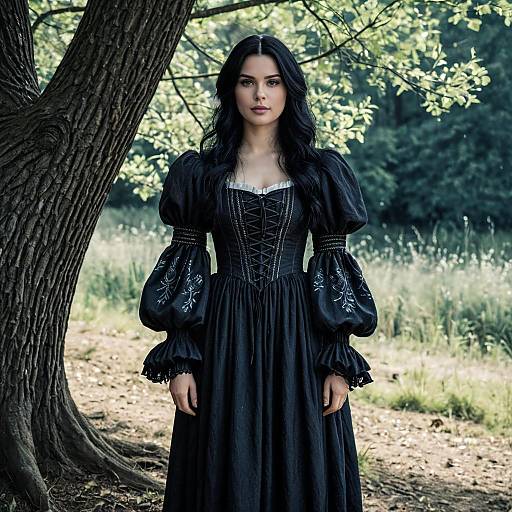 Woman in Black Medieval Style Dress Outdoors