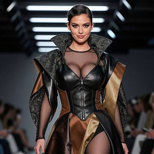 Photograph of a confident model on a runway, wearing a black leather corset with mesh sleeves, gold accents, and a high collar, against a