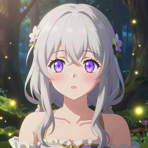 Anime-style digital drawing of a cute, young girl with silver hair, purple eyes, and white flower hairpins, in a nighttime forest with glowing fire