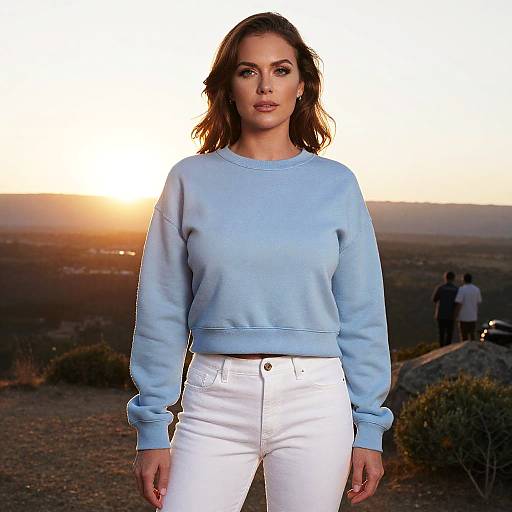 Photograph of a woman with light brown hair, wearing a light blue sweater and white pants, standing outdoors at sunset.