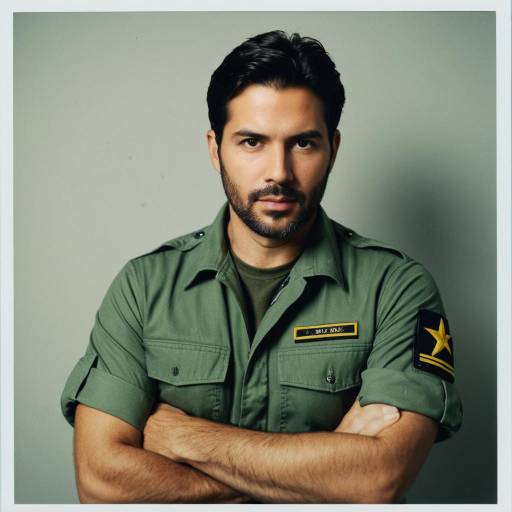 Man in Military Shirt with Serious Expression