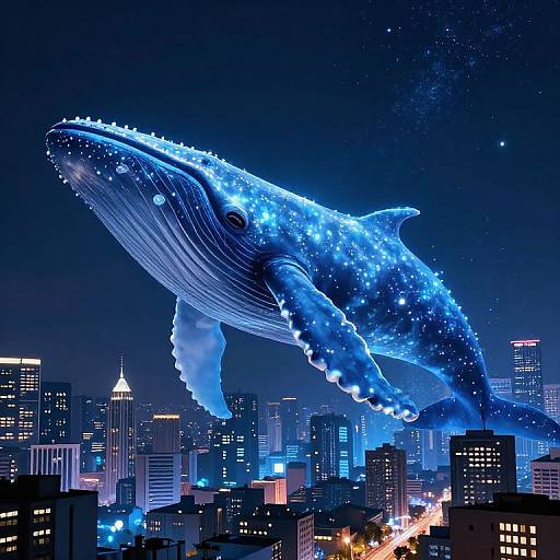 Glowing blue whale sculpture illuminated against a nighttime city skyline, adorned with stars and lights, towering above skyscrapers. Digital artwork.