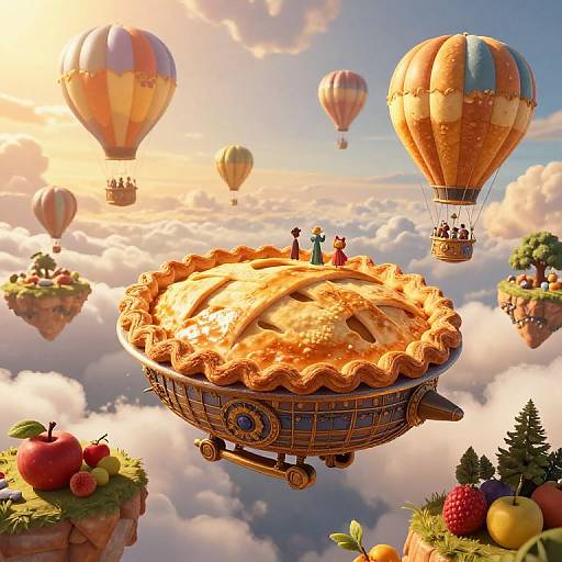 Fantasy digital artwork of floating balloons and a golden pie basket with detailed crust, surrounded by floating islands with fruits.