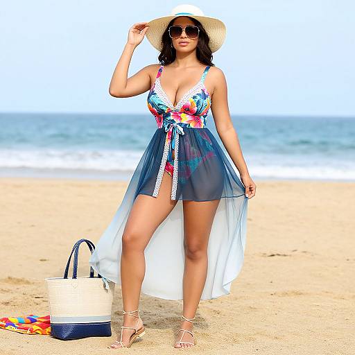 Photograph of a curvy woman with tan skin, wearing a floral bikini top, sheer blue dress, sunhat, and sunglasses, standing on a