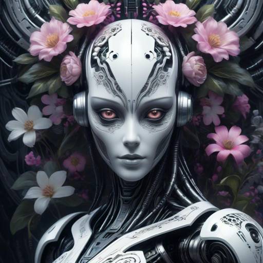 Cyberpunk Humanoid Robot with Floral Elements