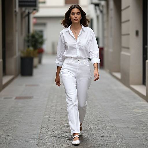 Photograph of a confident woman with dark hair, wearing a white button-up shirt and pants, walking down a cobblestone urban street.