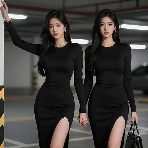 Two women in black dresses holding hands