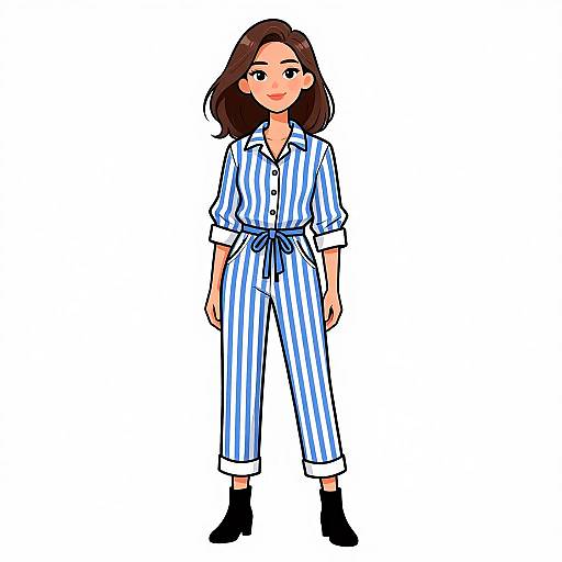 Digital illustration of a smiling woman with light brown hair, wearing blue and white striped pajamas, black socks, and standing against a white background.