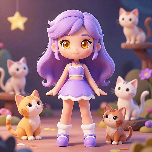 Lavender-Haired Fairy Girl Surrounded by Kittens
