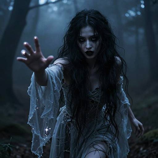 Ethereal Ghostly Woman in Misty Forest