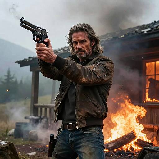 Photograph of rugged bearded man with long brown hair, wearing leather jacket, aiming handgun at burning house in smoky, mountainous background.