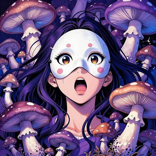 Anime-style digital illustration of a wide-eyed woman with long black hair, wearing a white mask with pink spots, surrounded by oversized mushrooms. Her mouth is