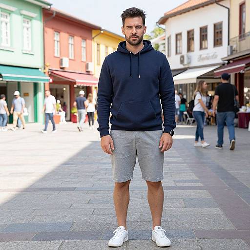 Photograph of a bearded man with short brown hair, wearing a black hoodie, gray shorts, and white sneakers, standing in a sunlit,