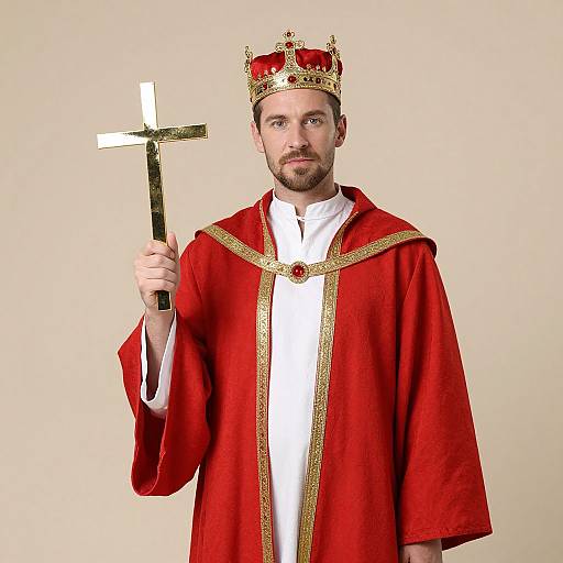 Photograph of a bearded man in a red and gold bishop's robe, crown, and holding a golden cross against a beige background.