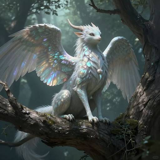Digital fantasy art of a white, iridescent, winged creature with horns, sitting on a moss-covered tree branch in a mystical forest.