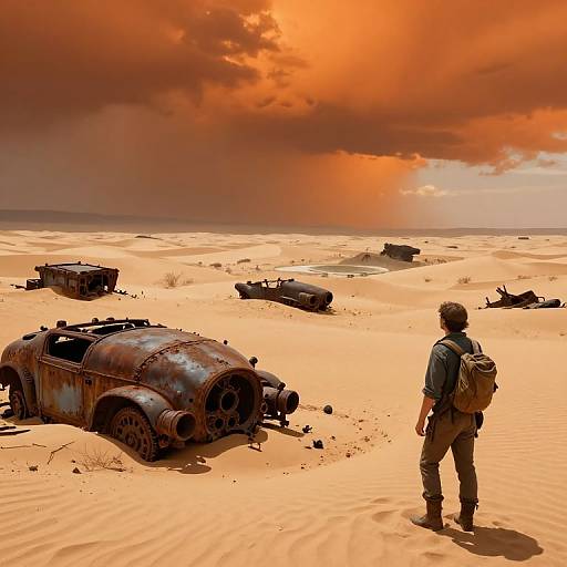 Photograph of a lone man with a backpack standing in a desert, surrounded by rusted, abandoned tanks under a dramatic, orange-clouded sky.
