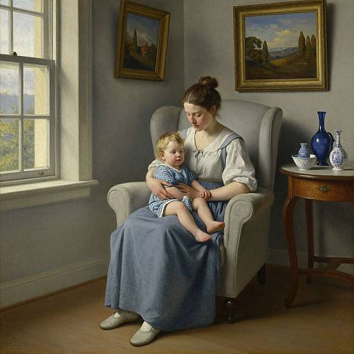 Photograph of a mother with brown hair in a bun, wearing a white blouse and blue dress, sitting in an armchair, holding a blond toddler