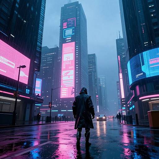 Cyberpunk cityscape photograph: Rain-soaked street, neon-lit skyscrapers, glowing pink and blue signs, lone figure in hooded
