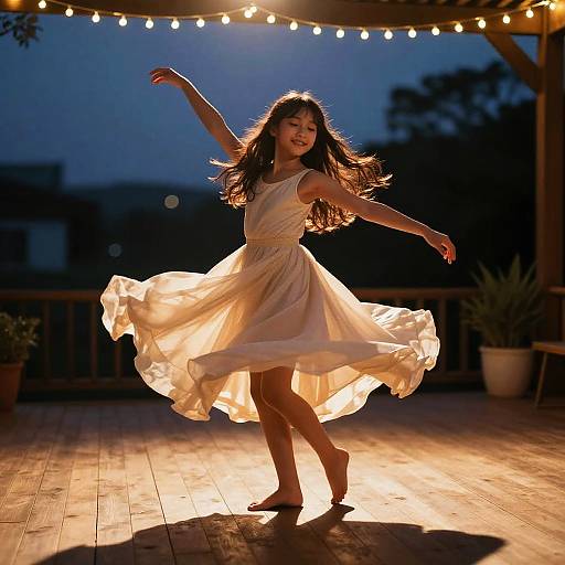 Joyful Girl Dancing with Fairy Lights