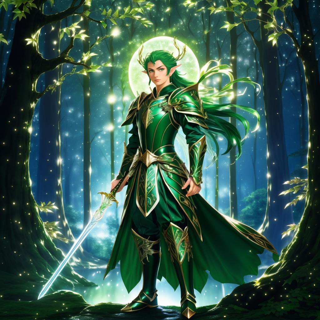 Noble Elf in Moonlit Forest Scene