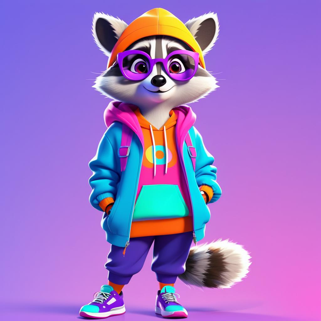 Vibrant Pixar-Style Raccoon Character Design