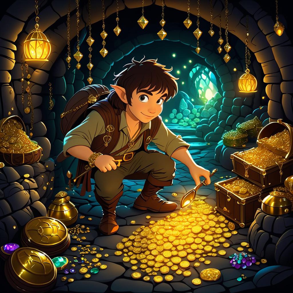 Whimsical Hobbit Thief in Treasure Cavern