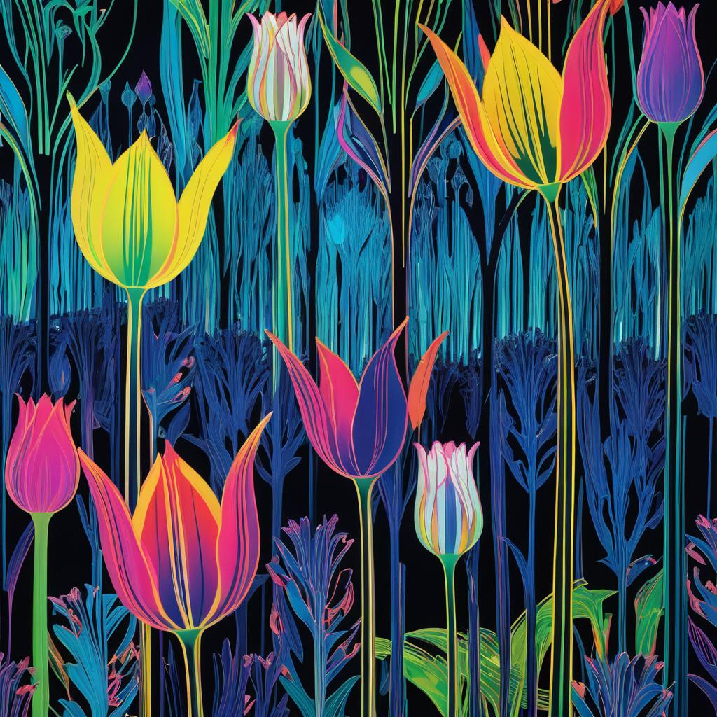 Vibrant Mythical Tulips in Aurora Landscape