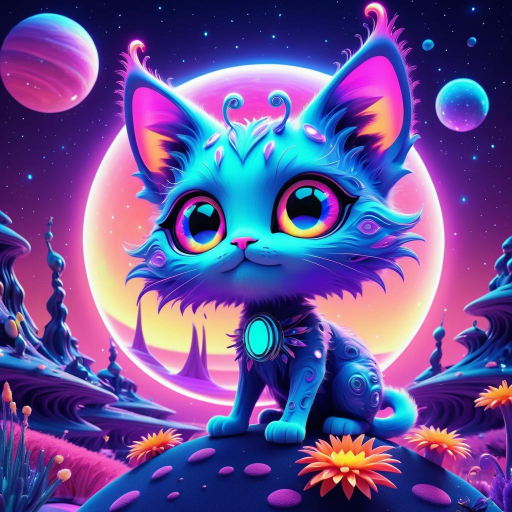 Charming Alien Cat on a Moonlit Landscape