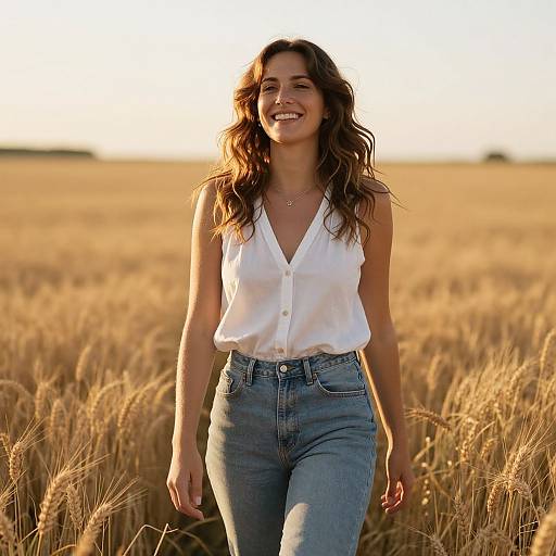 Photograph of a smiling, brown-haired woman in a white sleeveless blouse and blue jeans walking through a golden wheat field at sunset.