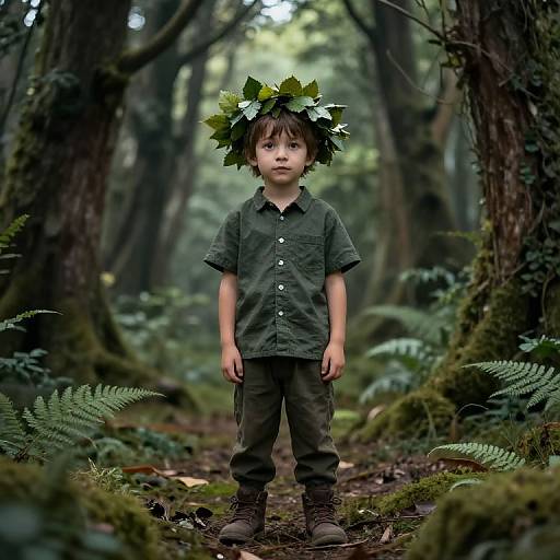 Photograph of a young boy with brown hair, wearing a green shirt, pants, and boots, standing in a mossy forest, crowned with a