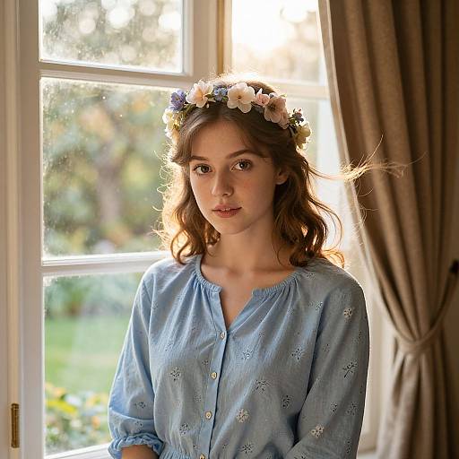 Photograph of a young woman with fair skin, brown wavy hair, wearing a blue floral-patterned shirt and a flower crown, standing by a