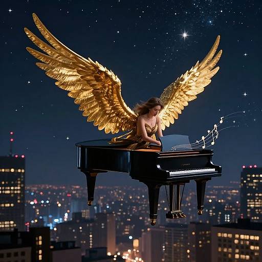 Soaring Piano in Surreal Cityscape