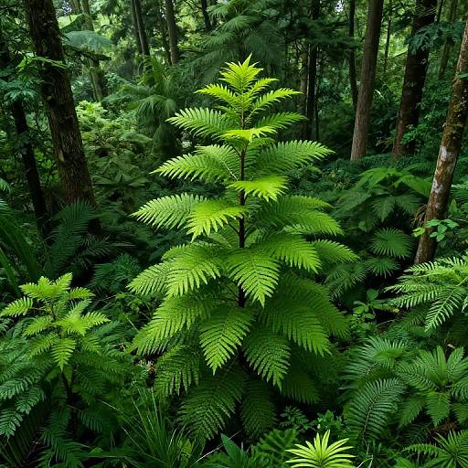 Photograph of a vibrant, green fern plant with bright, sunlight-lit fronds standing in a dense, shadowy forest with tall trees and lush