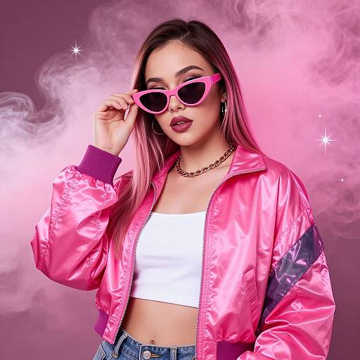 Photograph of a young woman with long brown hair, wearing pink sunglasses, pink satin bomber jacket, white crop top, and blue jeans, against a