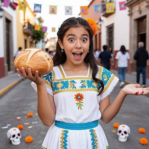 Photograph of a young Latina girl with dark hair, wearing a white, blue, and yellow embroidered dress, holding a pumpkin, surprised expression, street