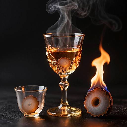 Photograph of a glass goblet with smoke, amber liquid, and a flaming circular candle on a dark surface. Small glass with similar candle on left